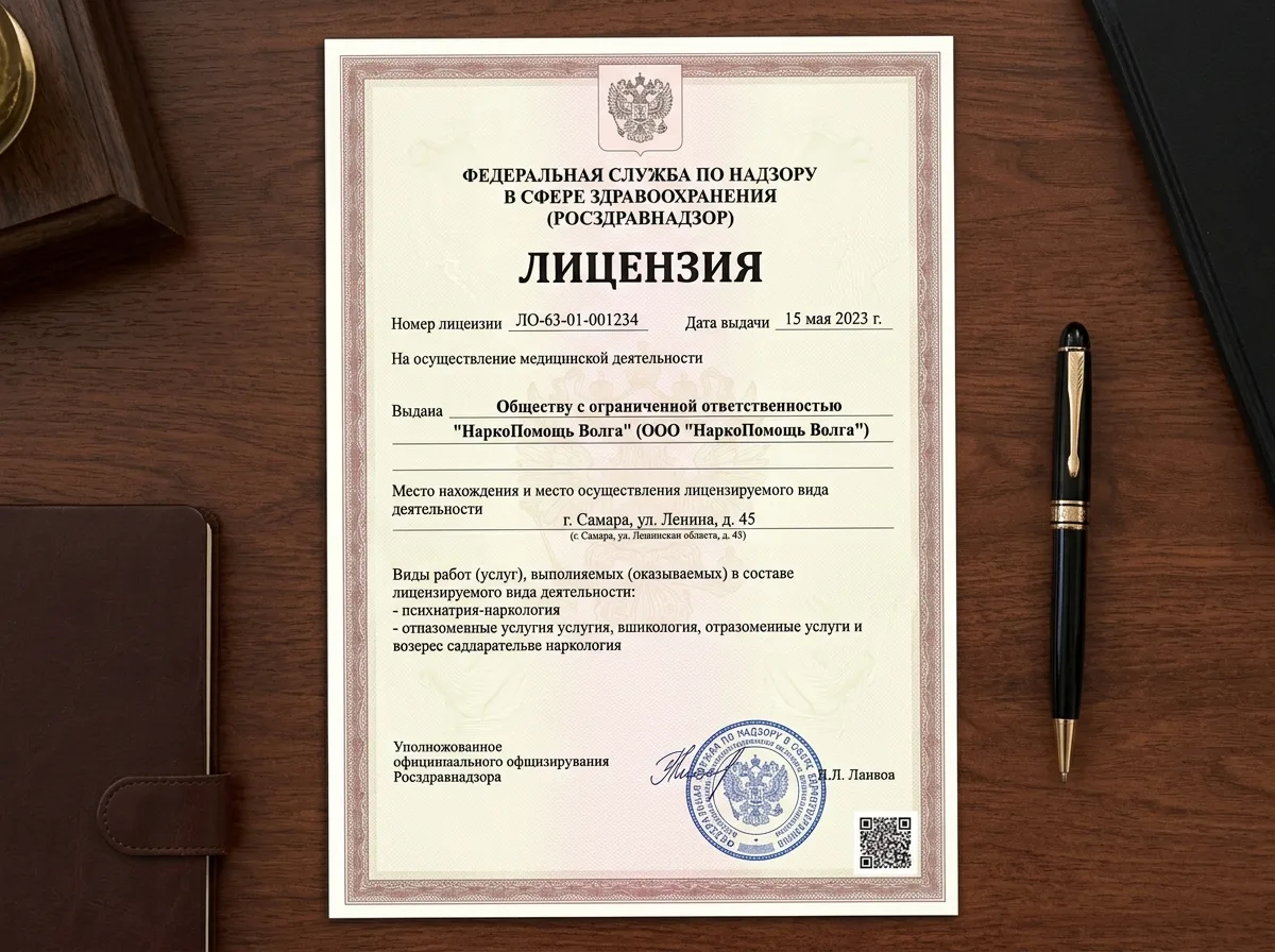 Медицинская лицензия Росздравнадзора ООО НаркоПомощь Волга, официальный документ на бланке